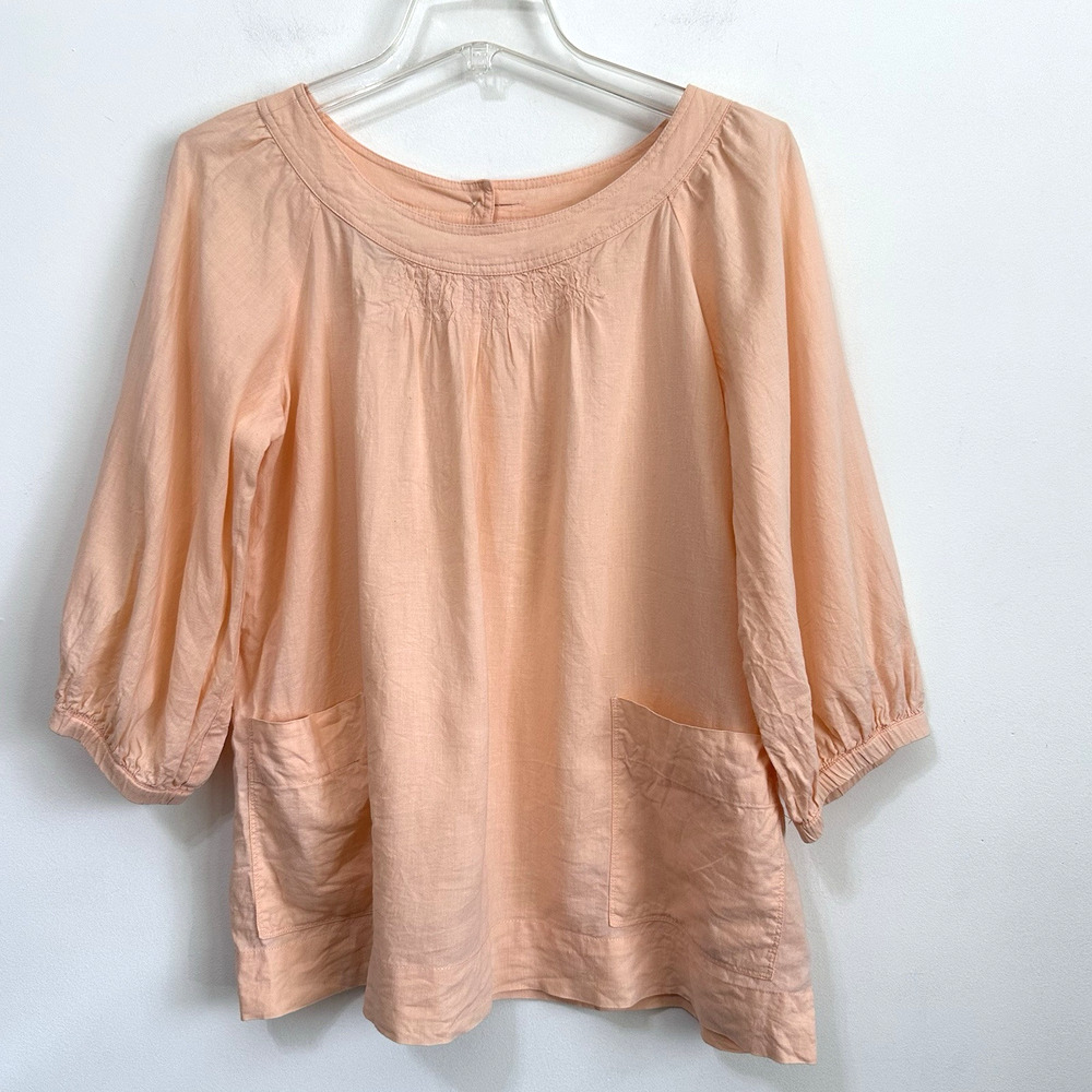 Sandro Shirt M Linen Blend Button Back 3/4 Sleeve Peach Summer Beach‎ Pockets